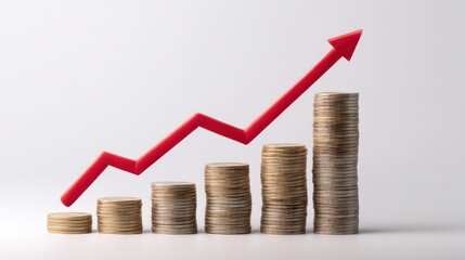 A red and a green coin stack with a red arrow pointing upwards, set against a white background.