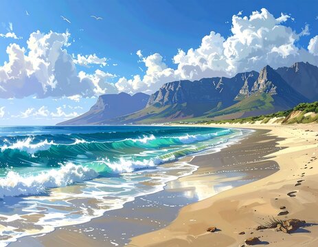 A scenic coastal view with foamy waves meeting a sandy beach, mountains in background, and fluffy clouds above - Powered by Adobe