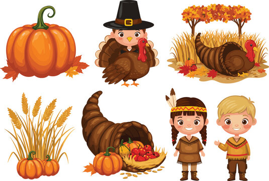 Thanksgiving celebration illustration, cartoon turkey, autumn harvest, pumpkins, cornucopia, children in costume, festive design, seasonal clipart, holiday artwork, fall theme, gratitude symbols