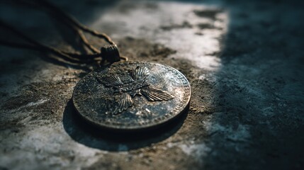 answerable. A tarnished medal lying in dust on a dark surface with deep shadows. wellbeing guides, coaching materials, designed for mental health education and mindfulness programs.