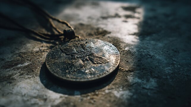 answerable. A tarnished medal lying in dust on a dark surface with deep shadows. wellbeing guides, coaching materials, designed for mental health education and mindfulness programs.