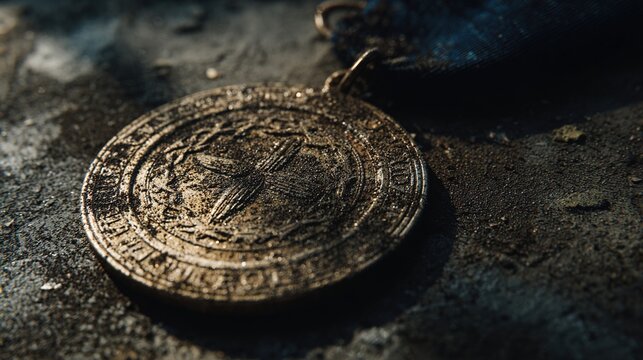 answerable. A tarnished medal lying in dust on a dark surface with deep shadows. wellbeing guides, coaching materials, designed for mental health education and mindfulness programs.