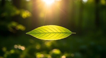 A close-up of a single green leaf illuminated by sunlight with a blurred natural background, showcasing the beauty of nature and plant life