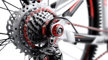 A close-up of a bicycle's rear wheel, showcasing the intricate details of the gears and chain, with a focus on the red and black components against a white background.