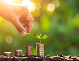 A person adds a coin to a stack, illustrating financial growth with a young plant growing atop. Sunlight shines