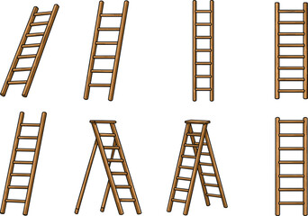 Wooden ladder illustration, cartoon ladder set, step ladder, leaning ladder, upright ladder, tool clipart, construction equipment, home repair icon, DIY element