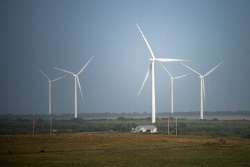 Wind turbines generate clean electricity. Countryside fields support renewable power. Blades rotate for sustainable energy. The blue horizon shows eco landscape. Nature benefits from green technology.