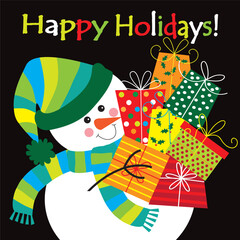 Christmas card, gift bag or box design with cute snowman
