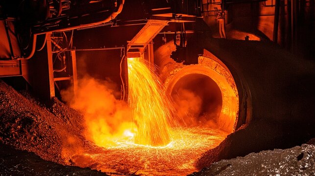 adios. Molten iron flowing from a steel furnace, glowing against dark industrial interior. safety posters, maintenance manuals, designed for precision metalworking and fabrication facilities.