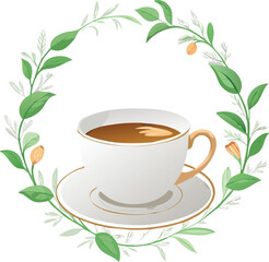 A delicate white teacup framed by a lush circular wreath of green foliage