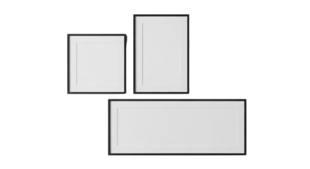 Three blank picture frames arranged for a gallery wall isolated on Transparent Background