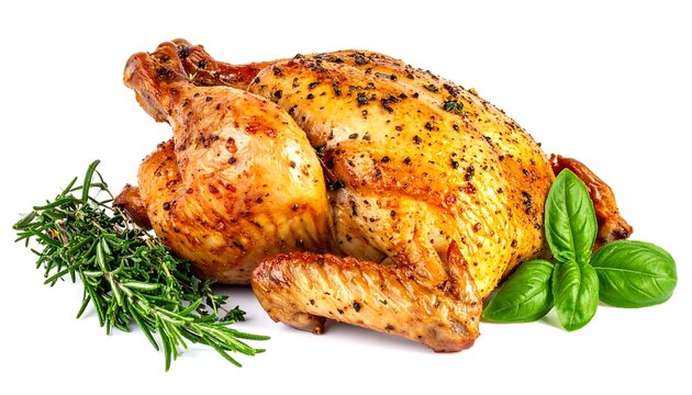 A roasted poultry dish, golden brown with herbs. Perfect for a holiday meal, with rosemary and basil garnish