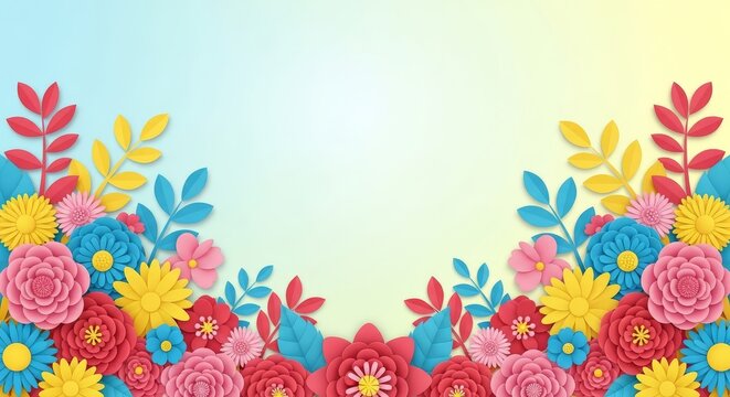 Fototapeta Colorful Floral Frame Decoration - A vibrant display of colorful paper flowers and leaves arranged as a frame, perfect for spring or botanical themes