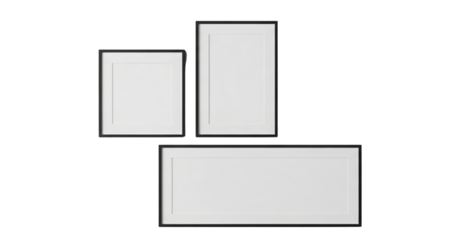 Three blank picture frames arranged for a gallery wall isolated on Transparent Background
