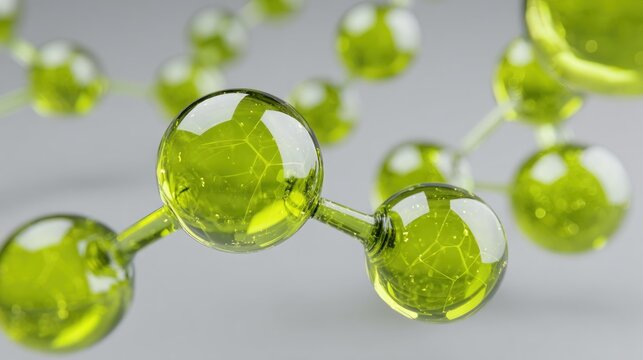 A close-up of a green and a yellow molecule structure, with a blurred background, emphasizing the molecular structure.