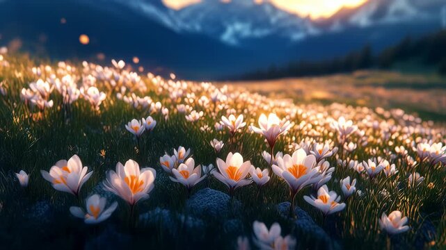 Magical meadow with blooming crocus flowers at sunset in the mountains landscape background, slow
