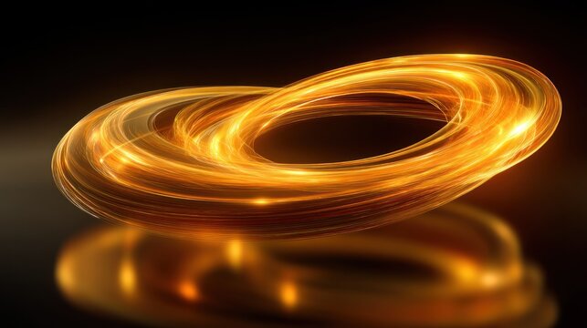 A golden, glowing, abstract circular shape with a reflective, glossy surface, emitting a warm, golden light against a dark background. - Powered by Adobe