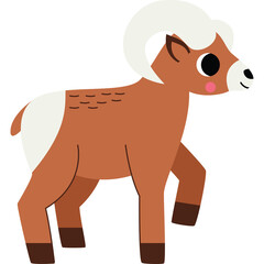 Cartoon Bighorn Sheep with White Horns and Tail Walking Side View Transparent Background