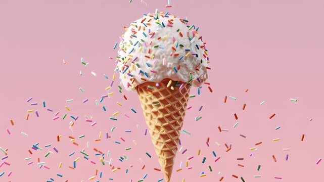 floating ice cream cone with sprinkles raining down, pastel minimal surreal