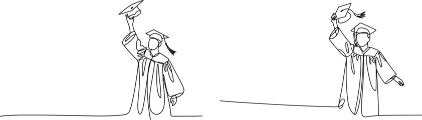 Female Graduate Throwing Cap  Celebratory Continuous One Line Vector Art