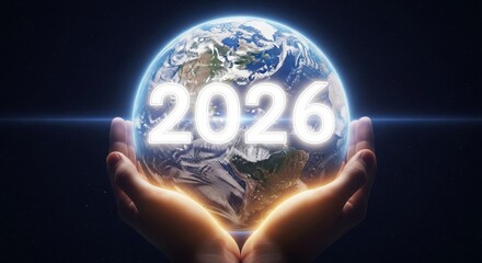 Earth in hands with year 2026 - Hands holding a glowing Earth with the year 2026 displayed. Illustrates future global events and forecasts