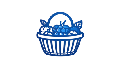 Graphic depiction of fruit basket w/ assorted fruits in blue and white against a black background