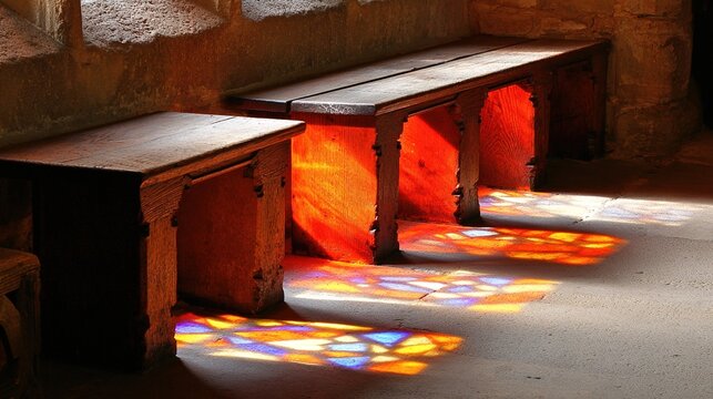 kneeler. Sunlight through stained glass windows creating patterns in an ancient church. event programs, museum guides, designed for cultural heritage projects and event programs, supports education.