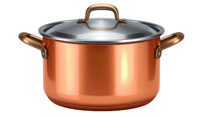 Shiny, copper-toned pot with silver lid and copper handles, isolated on a transparent black background