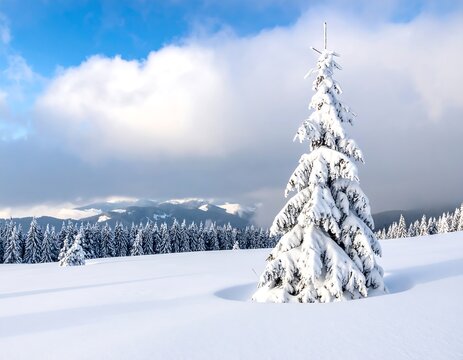 A snow-covered landscape scene featuring a frosted evergreen tree in the center. Snowy fields and hills extend to the horizon