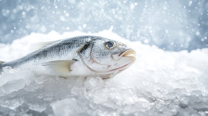 seabass. Close-up of fresh sea bass on ice, its glistening scales highlighted in cool blue tones. menu design, packaging mockups, designed for culinary blogs and recipe cards for restaurants.