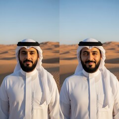A smiling man dressed in traditional Middle Eastern attire standing in a desert landscape with sand dunes under a clear blue sky