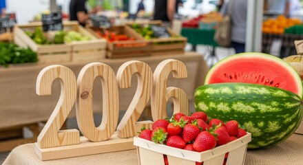 Farmers Market Fresh Produce Display - Fresh watermelon and strawberries at a farmers market symbolize summer, health, growth, community, and local agriculture