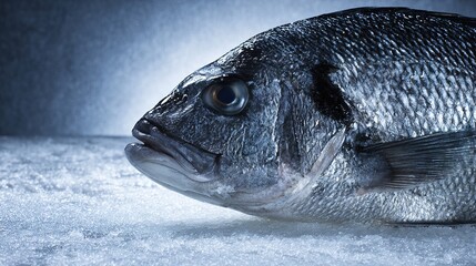 seabass. Close-up of fresh sea bass on ice, its glistening scales highlighted in cool blue tones. menu design, packaging mockups, designed for culinary blogs and recipe cards for restaurants.
