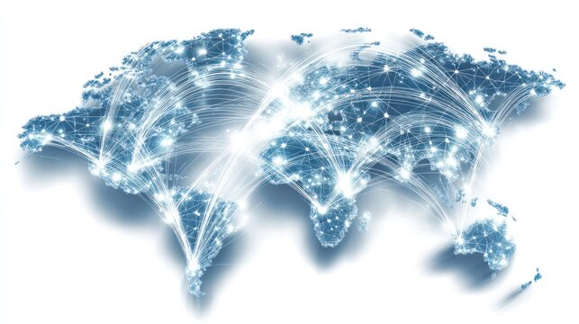 A world map with glowing nodes and lines connecting them, set against a white background with a subtle blue glow.