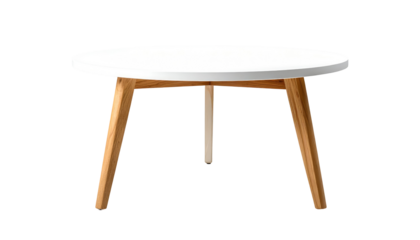 Minimalist round white tabletop table with three angled wooden legs, centered against a solid black background