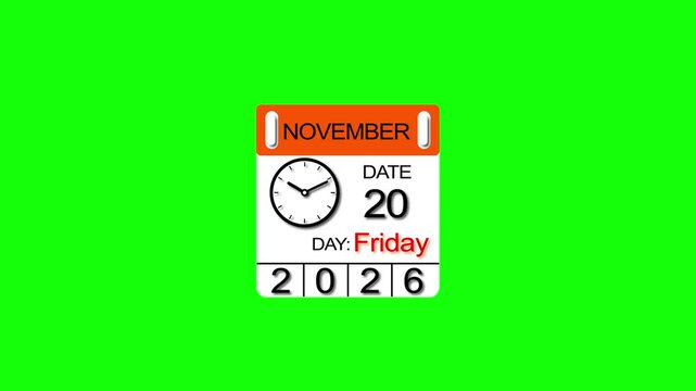 November month Friday 20 date calendar with clock animation. 2026 calendar and creating a stunning video. 4k video.