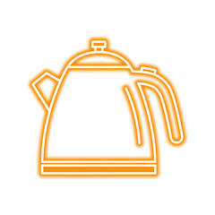 Glowing orange neon outline of a kettle with a handle, spout, and lid, isolated on a white background.