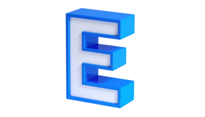A blue and white 3D rendered uppercase "E" on a black background. Sharp edges, clean design, and geometric form