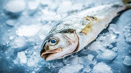 seabass. Close-up of fresh sea bass on ice, its glistening scales highlighted in cool blue tones. menu design, packaging mockups, designed for culinary blogs and recipe cards for restaurants.