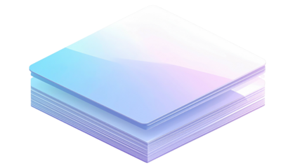 Stack of translucent square sheets, iridescent pink/blue gradient, reflecting light, in an isometric view