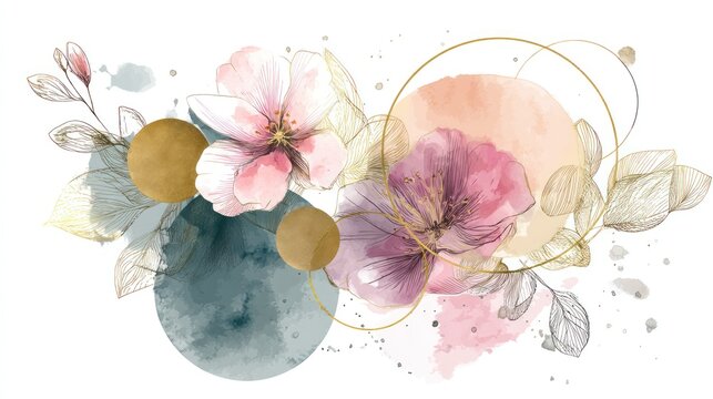 A watercolor illustration featuring pink and purple flowers with gold accents, set against a background of circular shapes and watercolor splatters.