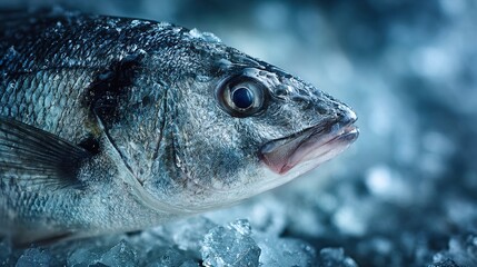 seabass. Close-up of fresh sea bass on ice, its glistening scales highlighted in cool blue tones. menu design, packaging mockups, designed for culinary blogs and recipe cards for restaurants.