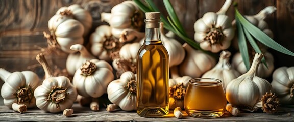 Elegant olive oil bottle against rustic garlic backdrop, product, recipe