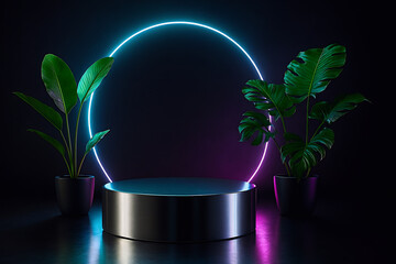 Metallic pedestal with plants and neon circle against a dark background scene