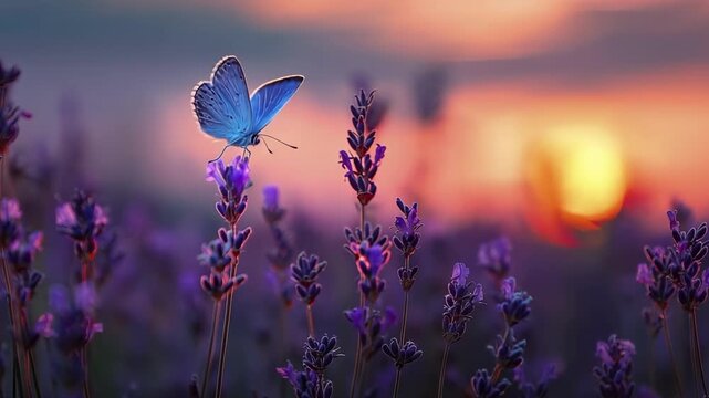A vibrant blue butterfly rests on a purple lavender stalk in a field at sunset The background is a soft-focus blur of warm orange pink and purple hues from the setting sun