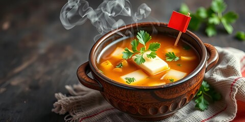 Rustic bowl, steaming soup, butter, parsley, tiny flag,  warm,  stock photo