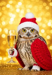 Obraz premium Festive Owl Toasting Celebration - An owl in a Santa hat and scarf holds a glass of champagne against a bokeh gold background. A whimsical take on holiday cheer
