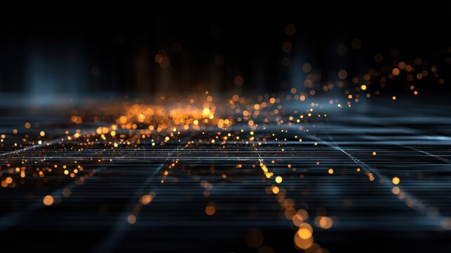A digital grid with glowing golden particles and a black background, creating a futuristic and abstract visual effect.