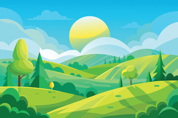 Obraz premium A bright cartoon landscape featuring rolling green hills with trees and a large