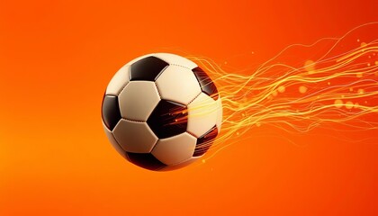 Naklejka premium Whimsical soccer ball in mid-air, firefly-like trails, orange background, illustration, firefly